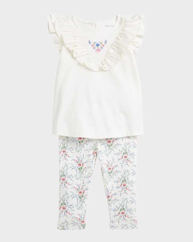 Girl's Floral-Print Cotton Jersey Legging Set, Size 3M-24